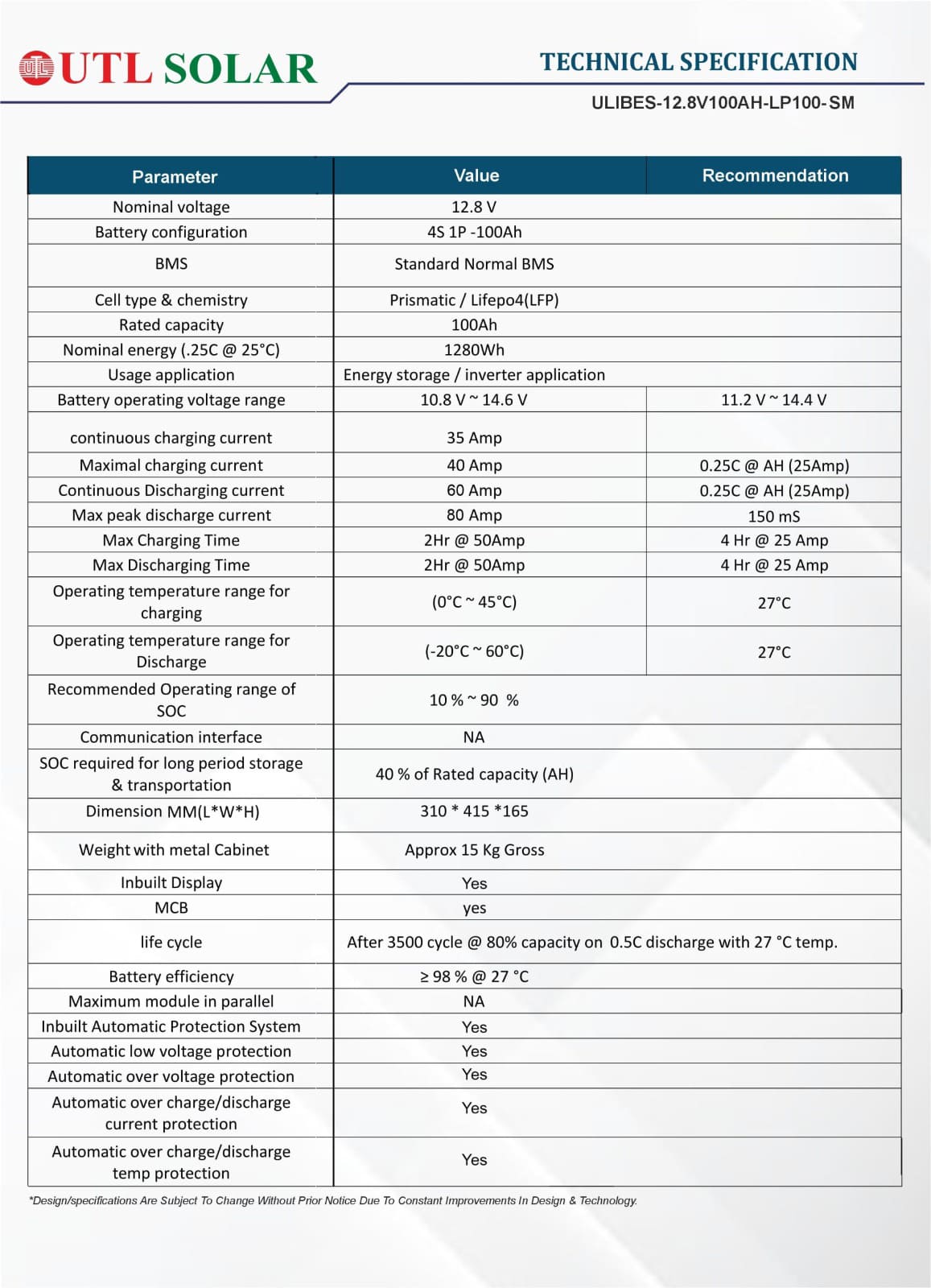 UTL 12.8V/100AH Lithium-ion Inverter Battery Specification of Lithium Ion Battery 12.8V/100Ah - NM