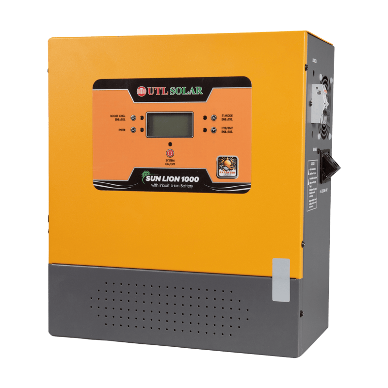 Side view of UTL Solar Sun Lion 1000 inverter with inbuilt battery and control panel