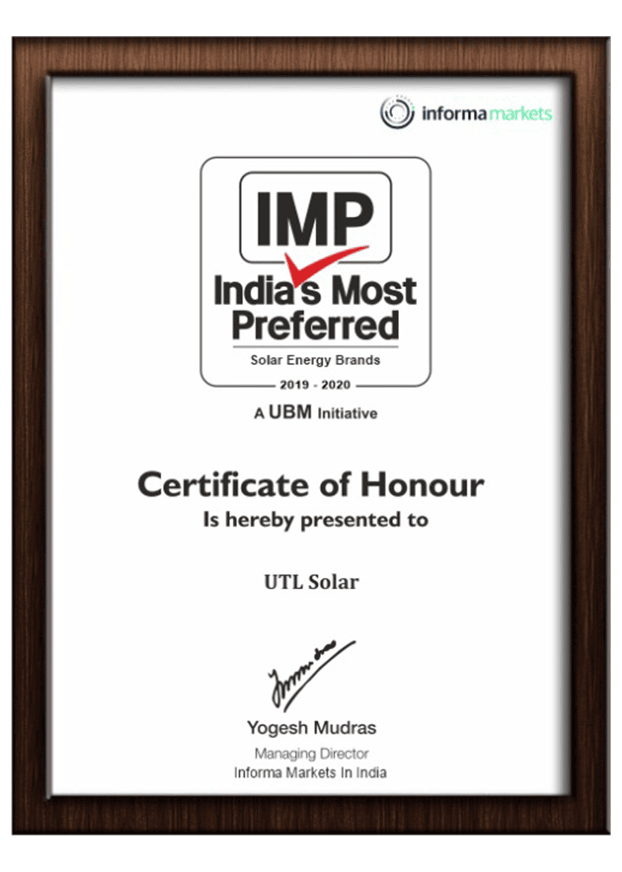 About Us certificate of honour