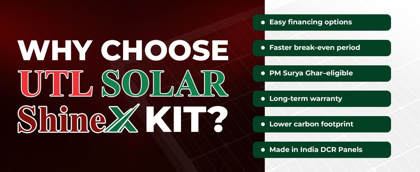 UTL ShineX 3.2kW On Grid Rooftop Solar Kit with TOPCon DCR Panel eligible for PM Surya Ghar Subsidy why choose utl solar kit